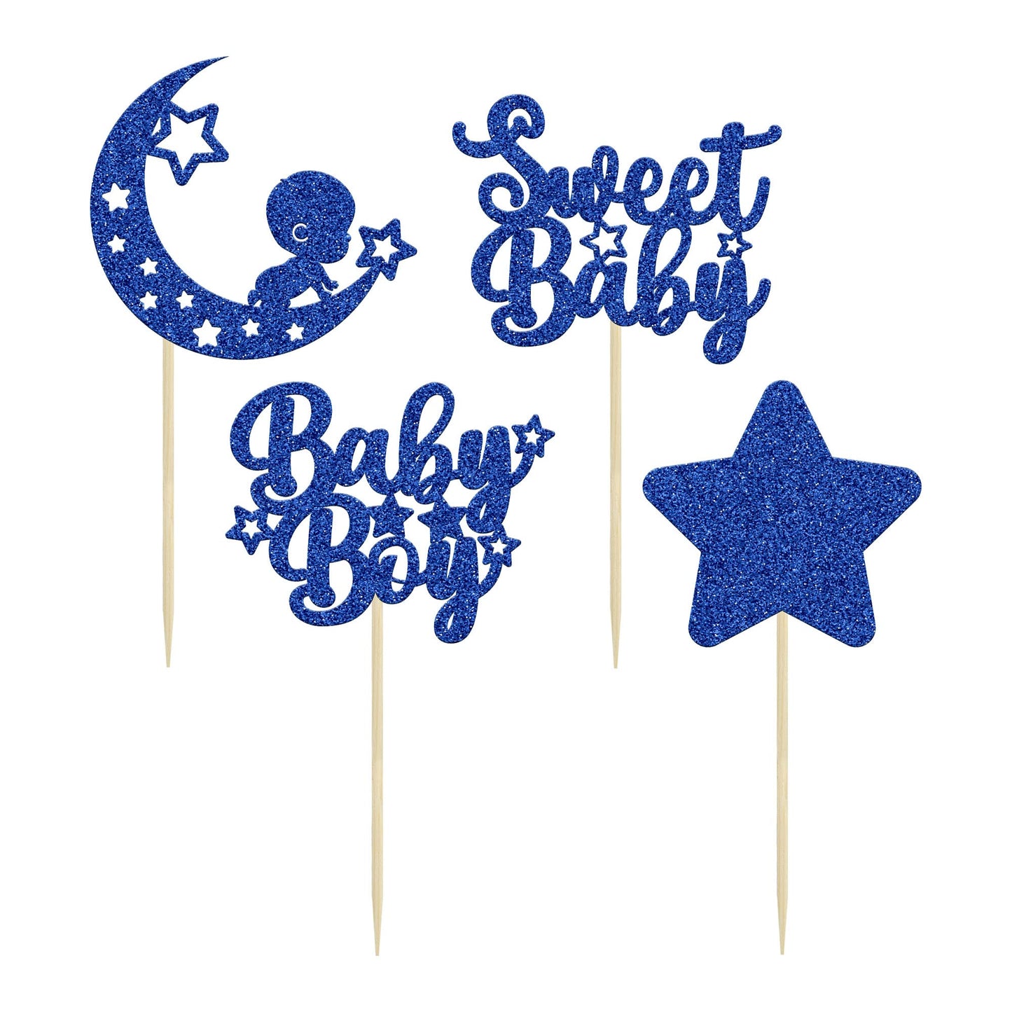 Gyufise 24Pcs Baby Shower Boy Cupcake Toppers Glitter Star Moon Sweet Baby Boy Cupcake Picks Baby Shower Boys Birthday Party Cak