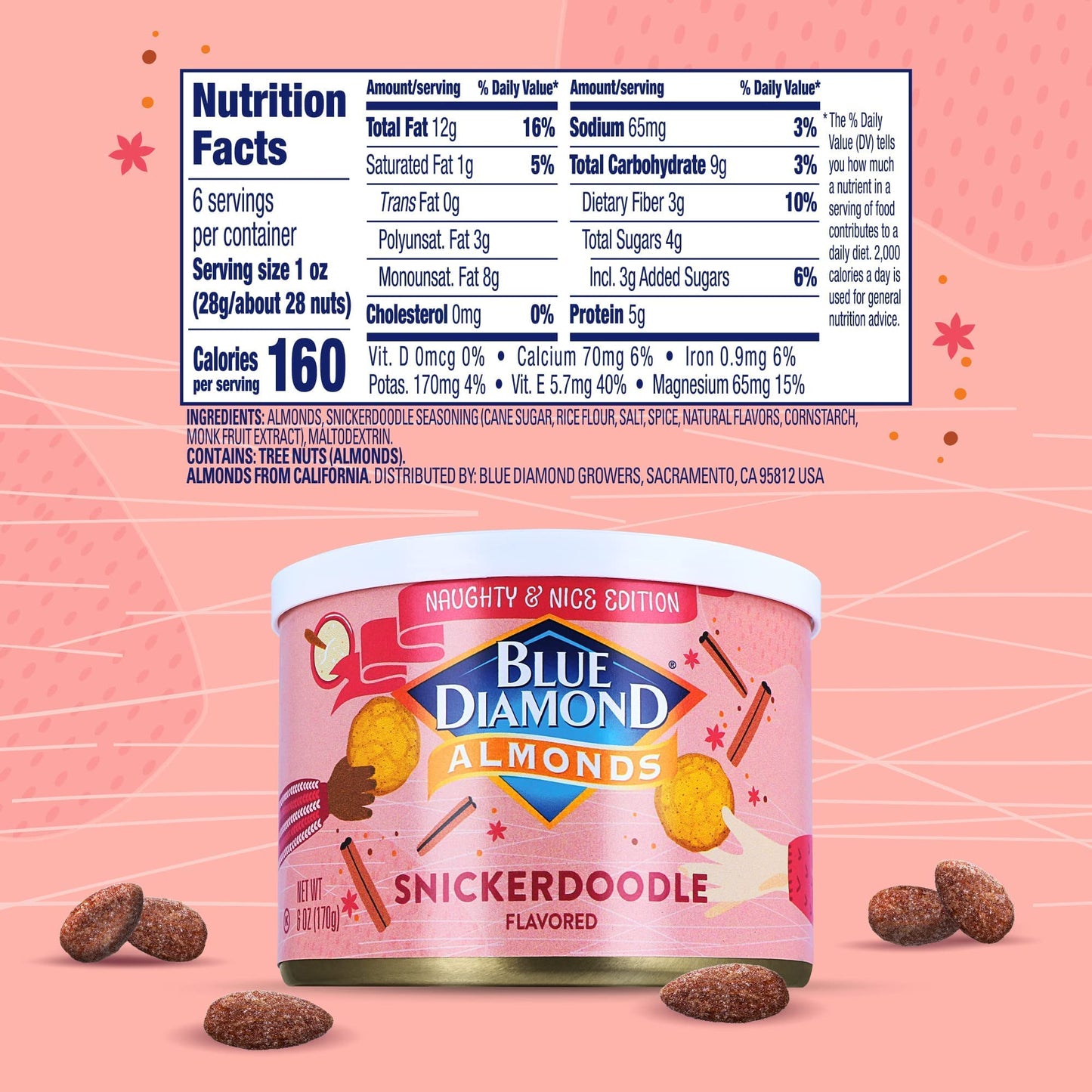 Blue Diamond Almonds Snickerdoodle Holiday Snack Nuts 6 oz Resealable can