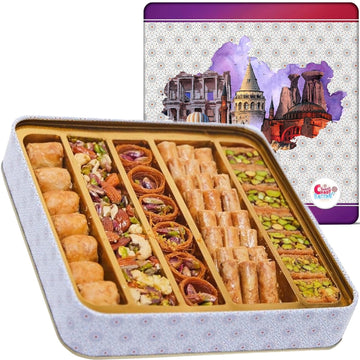 Sarah's Candy Factory 1.1 Lb Assorted Premium Baklava Pastry Gift Box Halal Snacks, 500 Gr in a Metal Box Turkish Dessert Ideal 