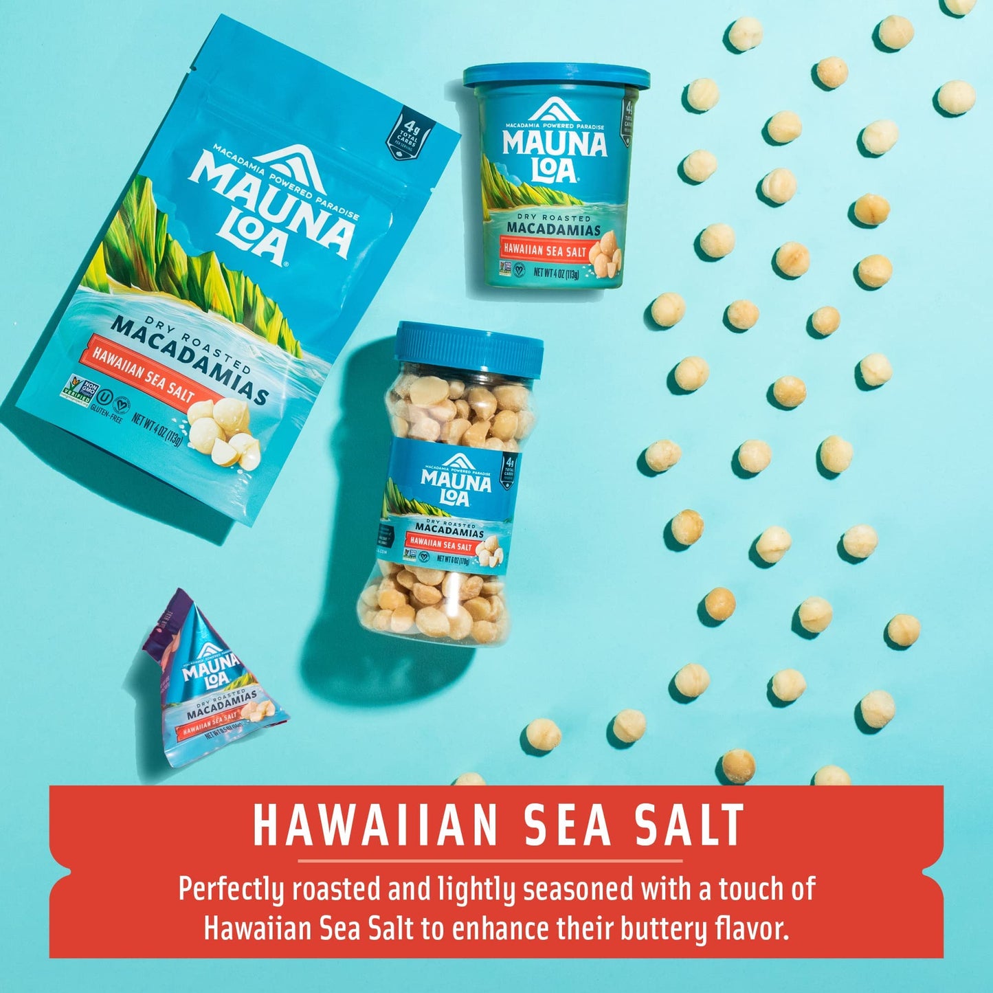 Mauna Loa Roasted Macadamia Nuts, Hawaiian Sea Salt, 0.5 Oz Pouches, Pack of 24 - Delicious Snack for Nut Lovers