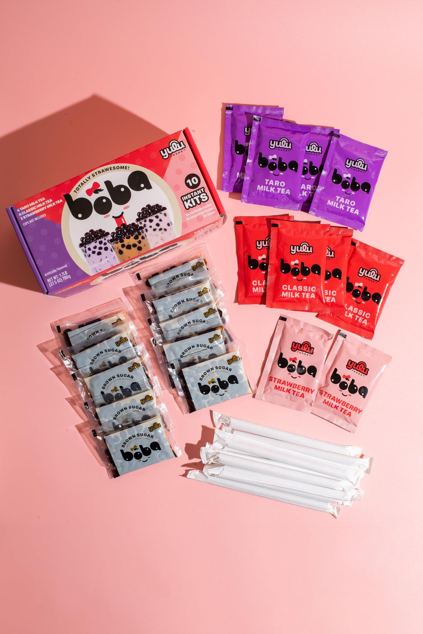 YULU FOODS Boba Bundle Kit - 10 Servings Instant Bubble Pearl Variety Milk Tea with Brown Sugar Tapioca Pearls - Includes Paper Straws