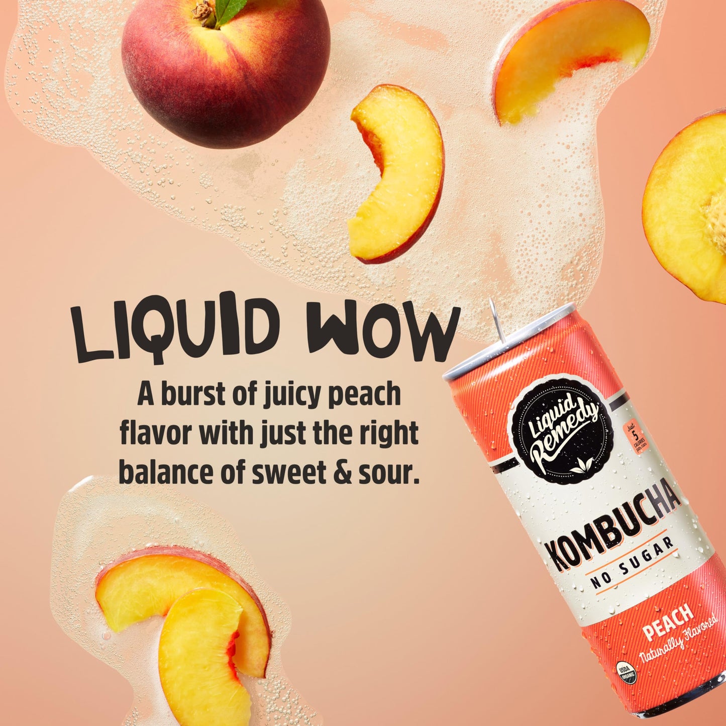 Liquid Remedy Kombucha Sugar Free Organic Drink, Low Calorie, Probiotic Like Tea For Gut Health - Peach - 8.5 Fl Oz Can, 24-Pack