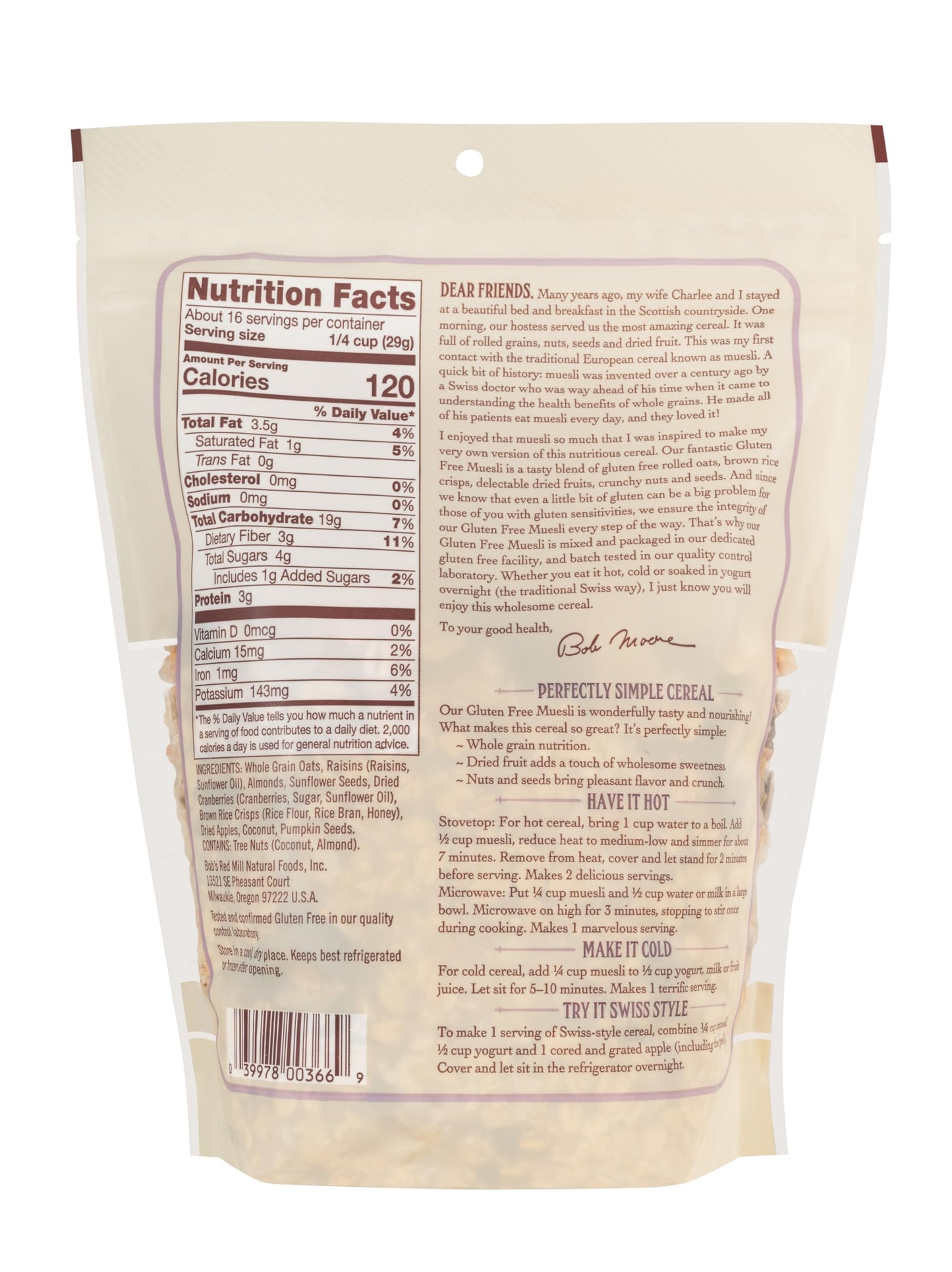 Bobs Red Mill Gluten Free Muesli, 16oz (Pack of 4) - Gluten Free, Non GMO, Kosher