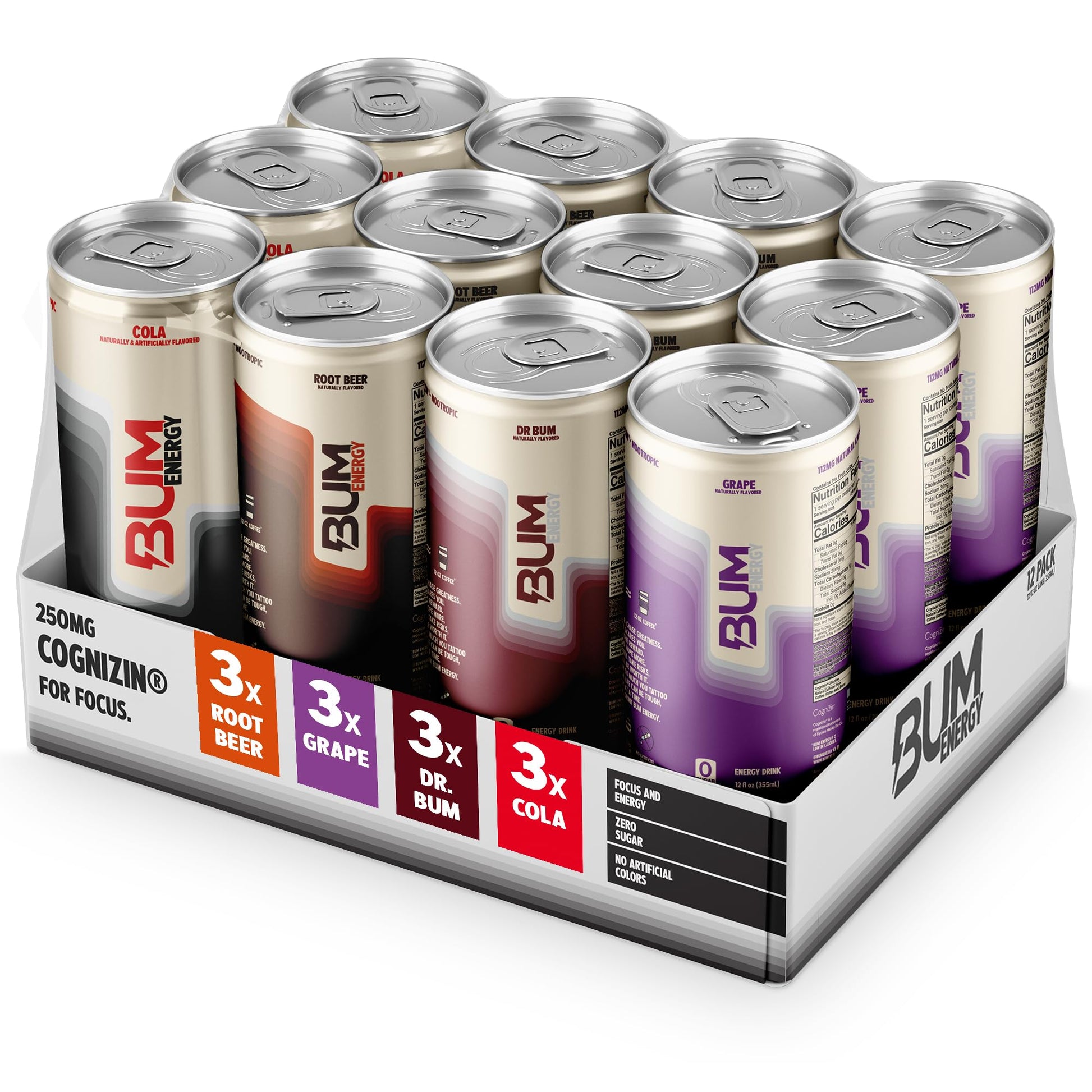 BUM Zero Sugar Energy Drink Variety Pack - Root malt-inspired  malt-inspired  Dr. Bum  Cola & G - Lightly Carbonated Sports Beverage with Natural Caffeine & Citicoline for Focus & Energy - 12 fl oz (12-Pack)