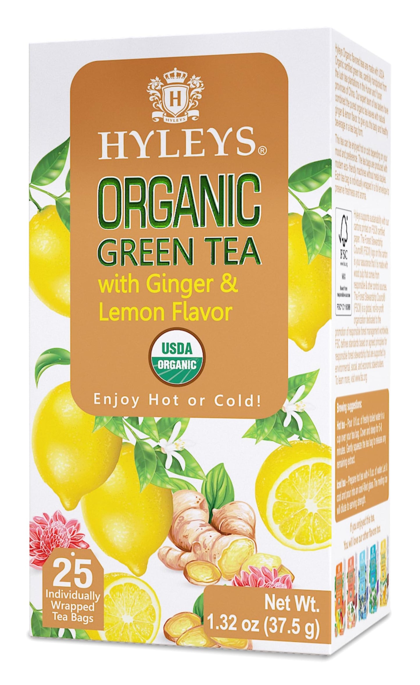 Hyleys Organic Green Tea Ginger and Lemon Flavor - 25 Tea Bags - (6 Pack - 150 Tea Bags Total)