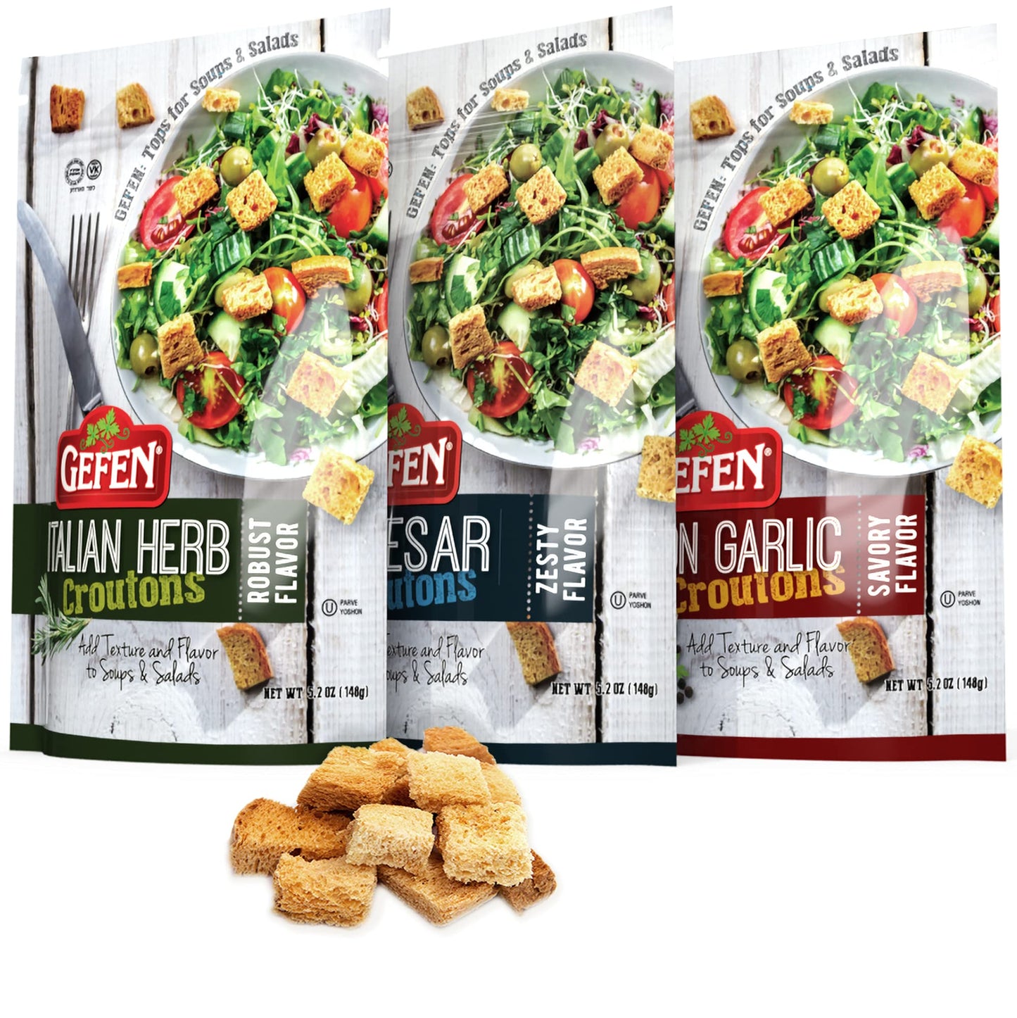 Gefen Seasoned Croutons Variety Pack - Zesty Caesar, Italian Herb, Onion Garlic - 5.2oz (3 Pack) - Dairy Free, Certified Kosher