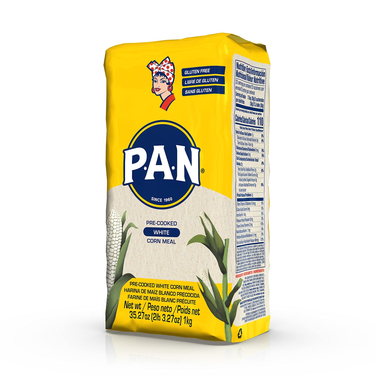 P.A.N. White Corn Meal     Pre-cooked Gluten Free and Kosher Flour for Arepas, 1 Kilogram (35 Ounces / 2 Pounds 3.3 Ounces) (Pac