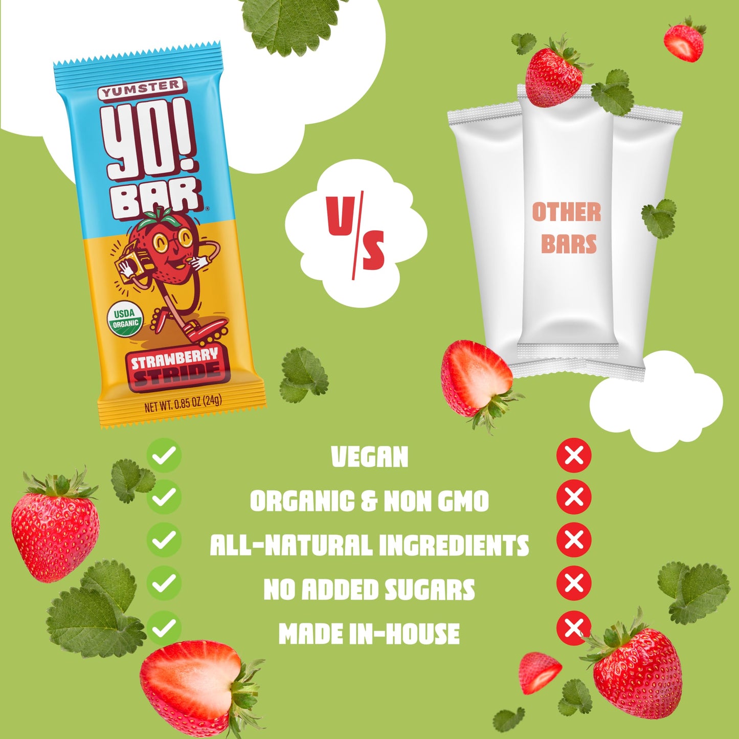 Yo! Bar By Bearded Brothers Vegan Organic Kids Bar, Strawberry (25 Bars) - Gluten Free, Paleo And Whole 30 | Soy Free, Non-Gmo, Low Glycemic, No Sugar Added, Fiber + Whole Foods