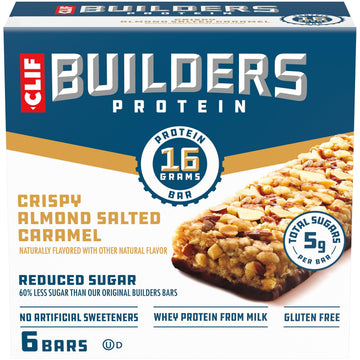 Clif Builders Protein Bars, Crispy Almond Salted Caramel, 16g Protein, Reduced Sugar, Gluten Free, 1.97 oz (6 Pack)