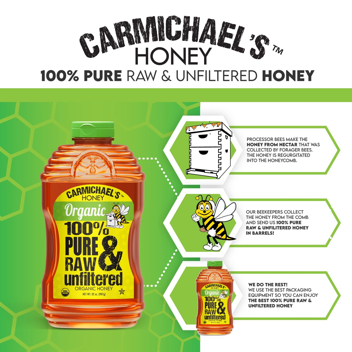 Carmichaels Organic Honey - Raw, Unfiltered, Non-GMO Sweetener - 32 Fl Oz