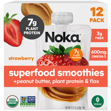 Noka Superfood Fruit & Nut Butter Smoothie Pouches, Healthy Snacks (Strawberry Peanut Butter) 12 Pack, Vegan, Plant Protein, Glu