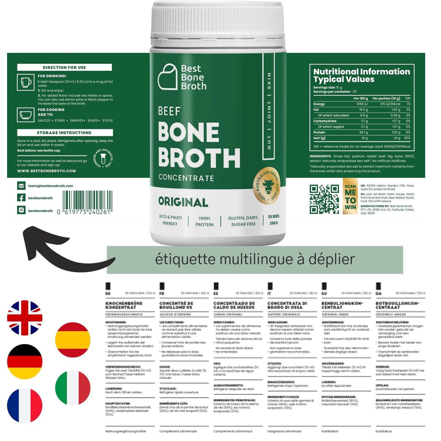 Best Bone Broth Beef Bone Broth Concentrate, Grass Fed, 12.35 Ounce, 35 Servings, Keto & Paleo Friendly, Just Add Water