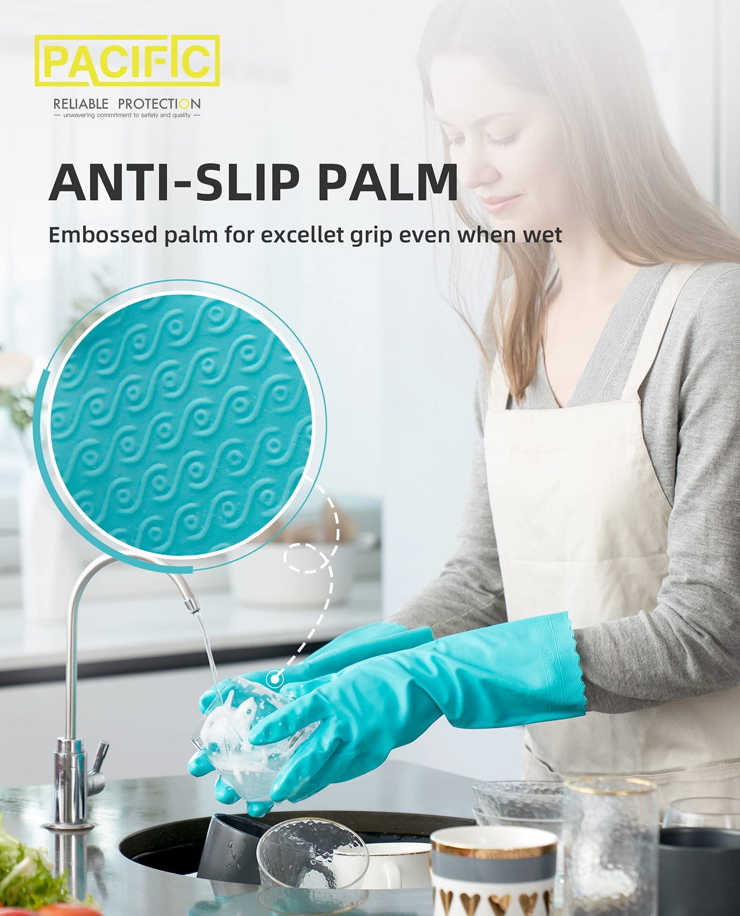 Pacific Ppe 4 Pairs Reusable Dishwashing Cleaning Gloves With Latex Free, Cotton Lining, Kitchen Gloves, Green, Large