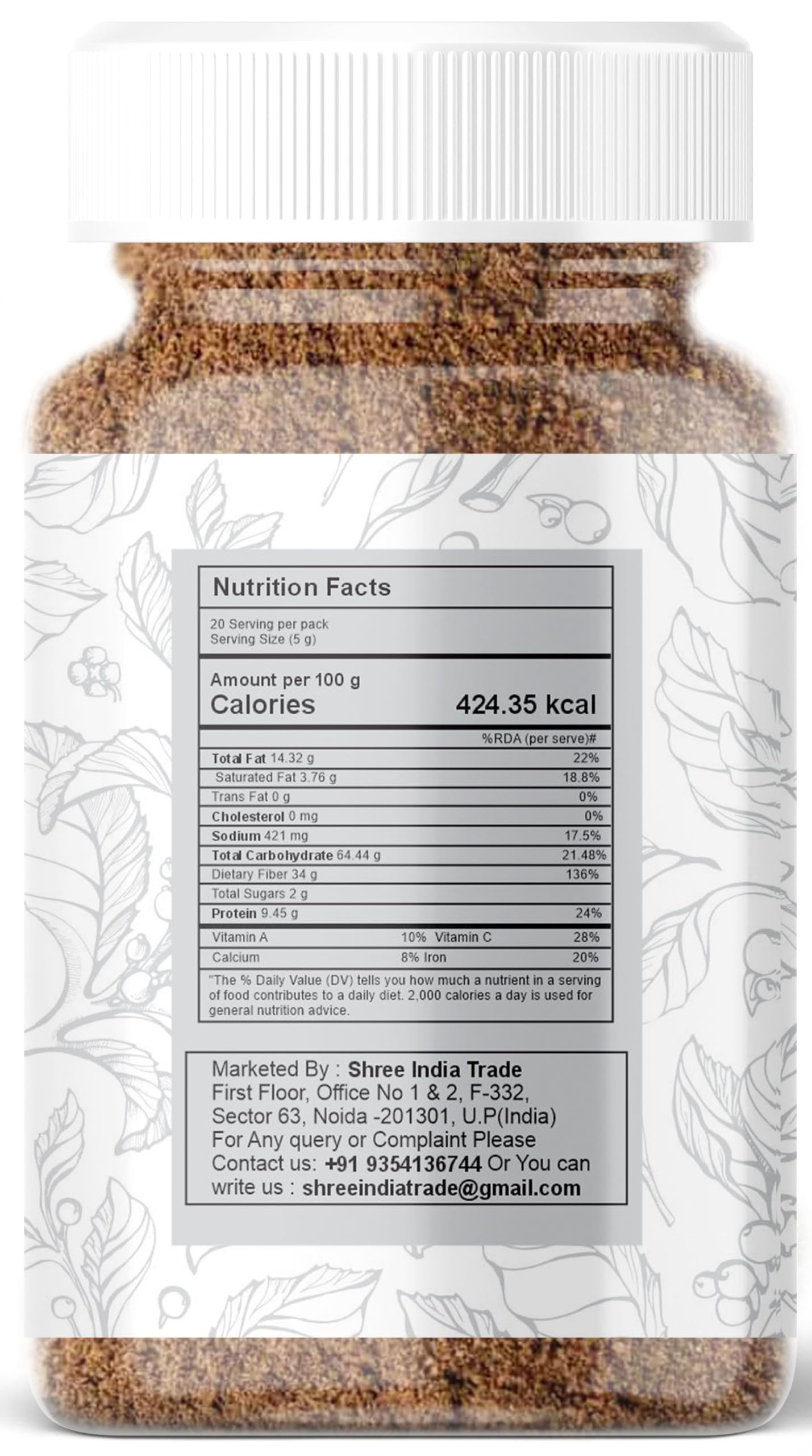 AYURVEDASHREE Premium Garam Masala, All Natural, Salt-Free, Vegan, 100gm PET Jar, Blend of 20 Herbs & Spices