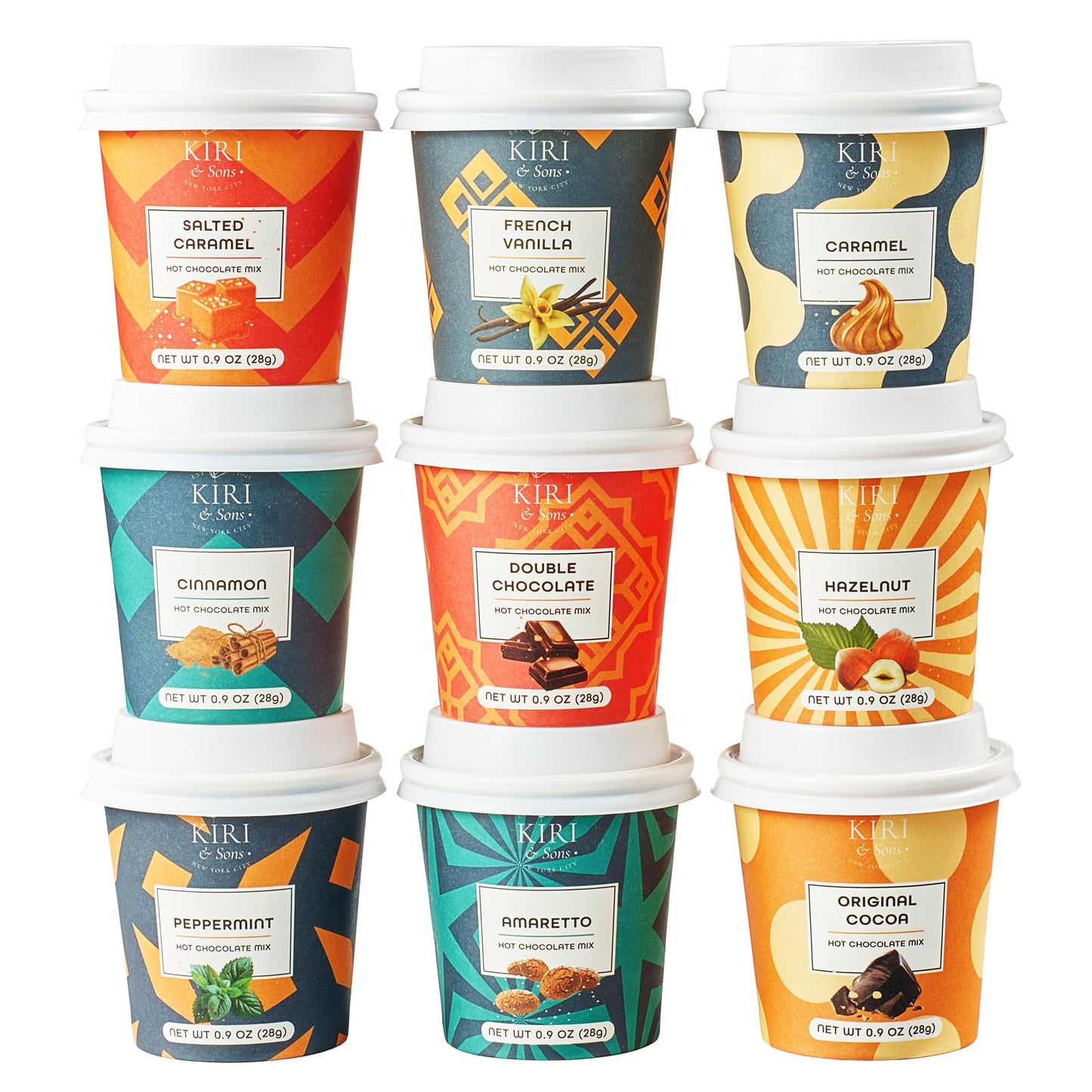 Kiri & Sons Hot Chocolate Mix Gift Set, Winter Edition, 0.83 Ounce (Pack of 6), Flavors: Double Chocolate, French Vanilla, Peppermint, Salted Car