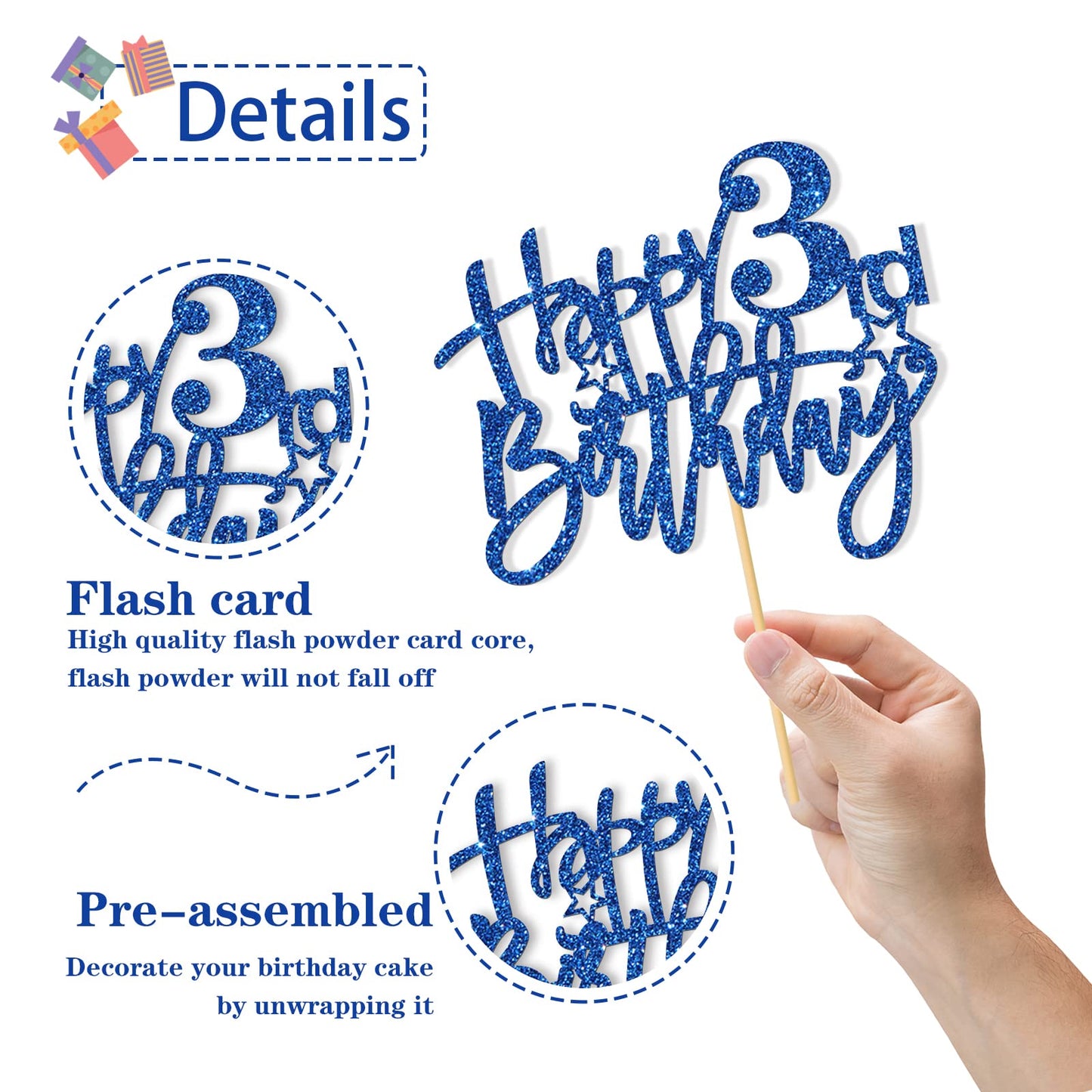 Roadsea Happy 3Rd Birthday Cake Topper - Kid Girl Boy Three Years Old Birthday Cake Supplies - 3Rd Birthday Party Decorations -