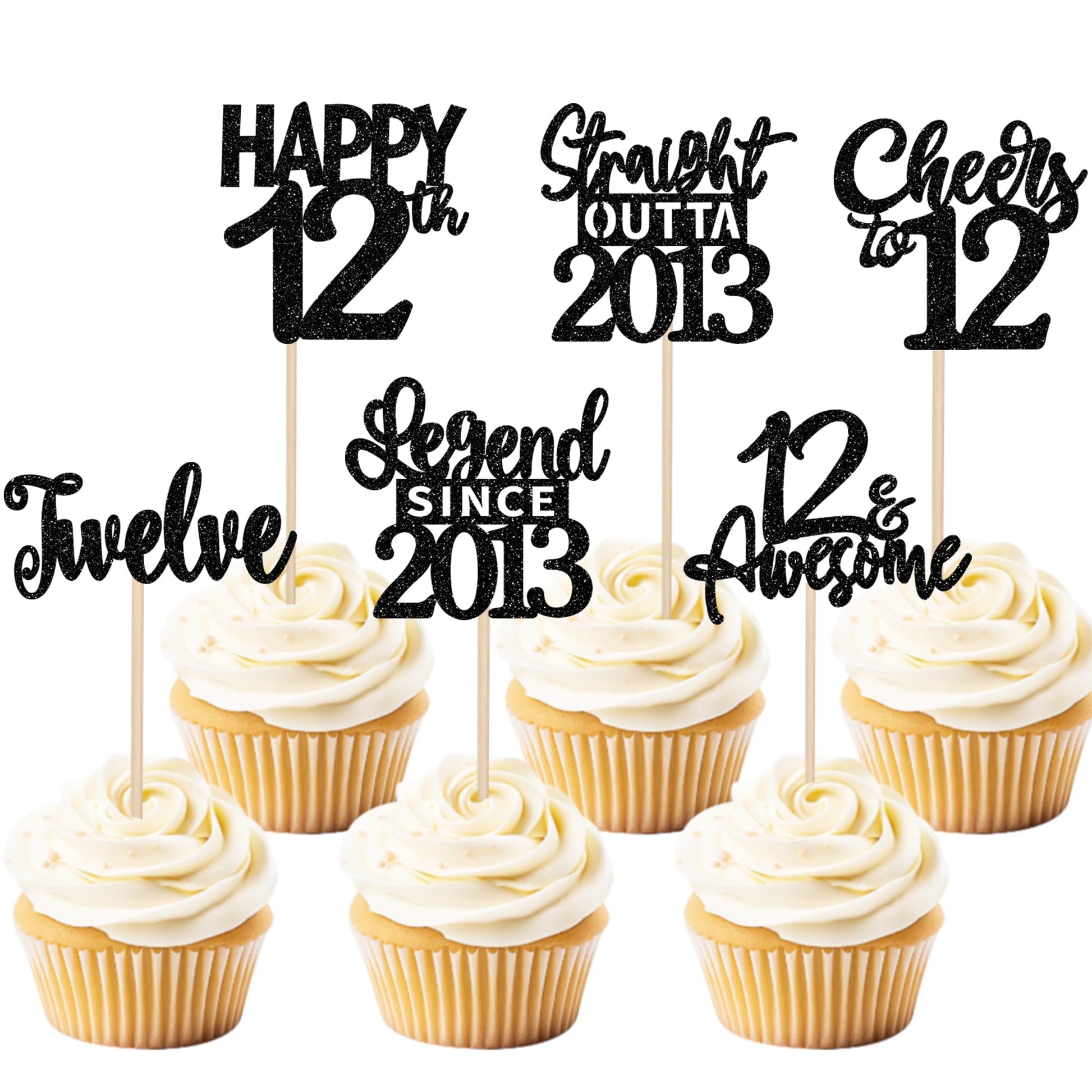 24PCS Black 12th Birthday Cupcake Toppers Twelve Happy 12th Official Teenager Straight Outta 2013 Cupcake Picks Cheers to 12 Len