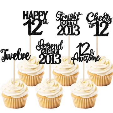24PCS Black 12th Birthday Cupcake Toppers Twelve Happy 12th Official Teenager Straight Outta 2013 Cupcake Picks Cheers to 12 Len