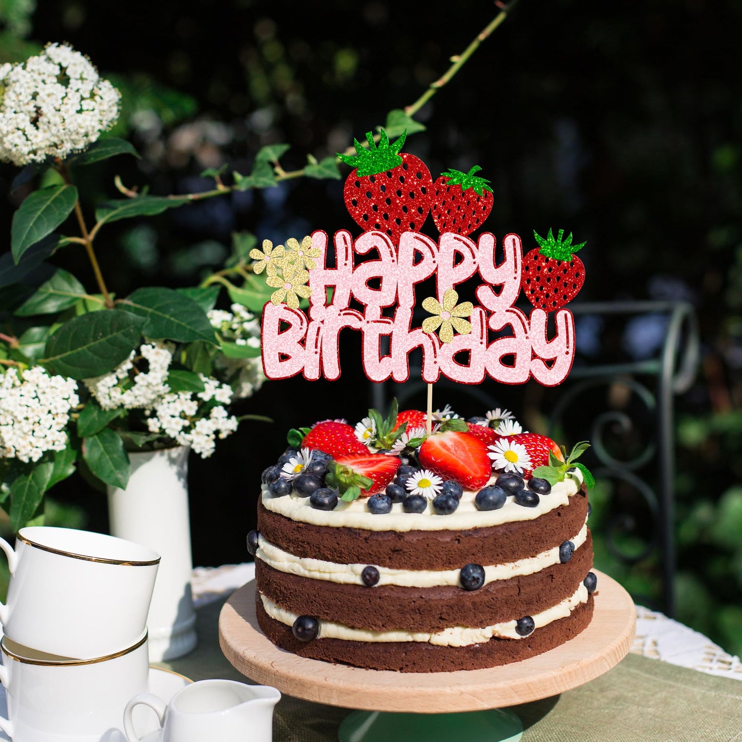1 Pack Happy Birthday Cake Topper Glitter Strawberry Cake Pick For Fruit Theme Baby Shower Kids Birthday Party Strawberry Fruit
