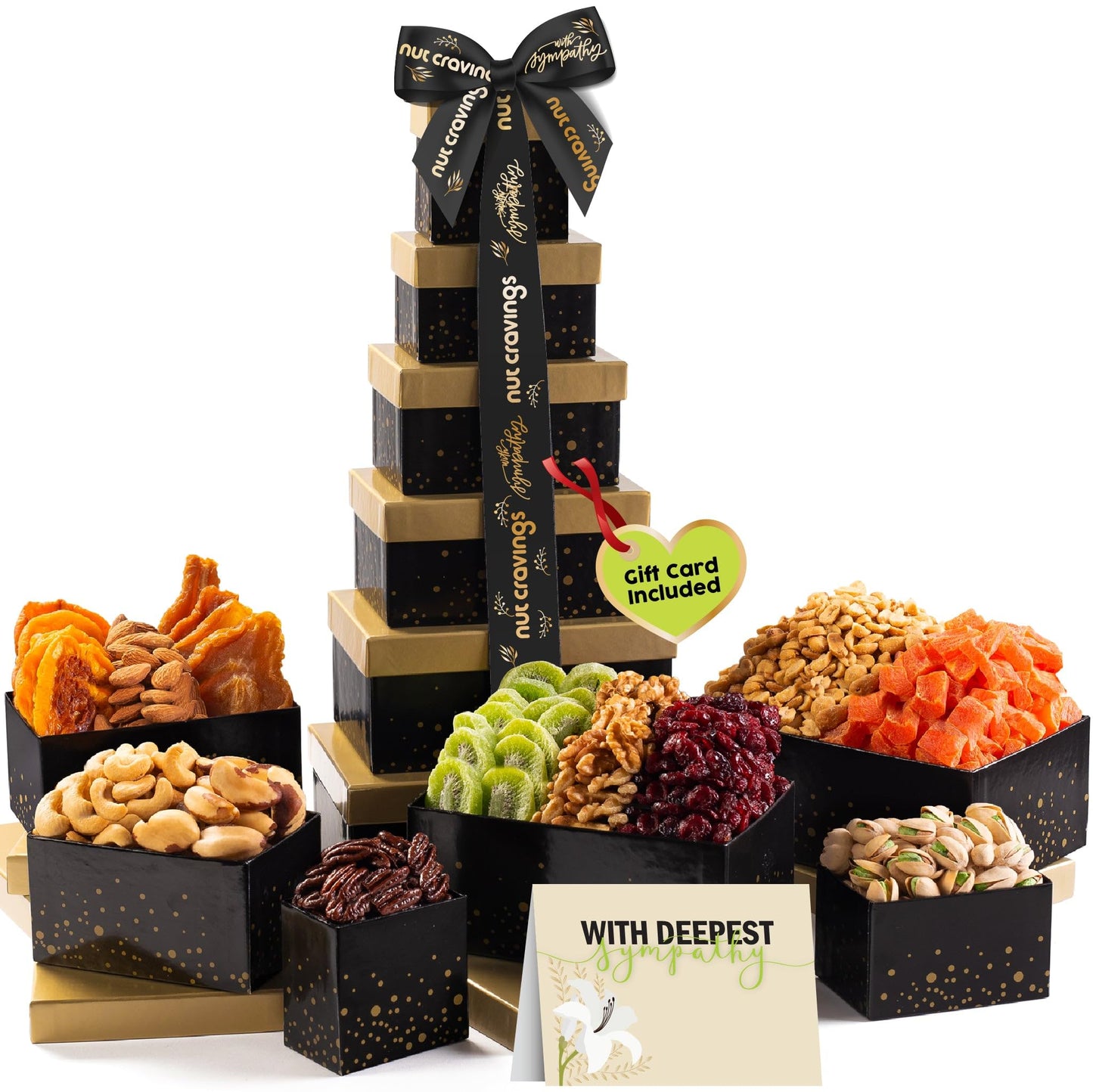 Nut Cravings Gourmet Collection - Sympathy Tower Gift Basket, Nuts & Dried Fruits With Sympathy Ribbon + Greeting Card (12 Assor