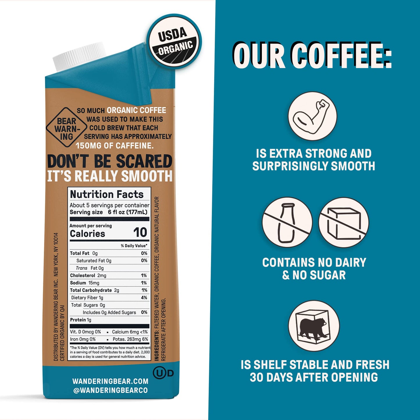 Wandering Bear Organic Vanilla Cold Brew Coffee  32 fl oz  6 pack - Extra Strong  Bold  Smooth  Unsweetened  Shelf-Stable  Ready to Drink  Gluten Free  & Vegan  Iced Cold Brewed Coffee Drinks
