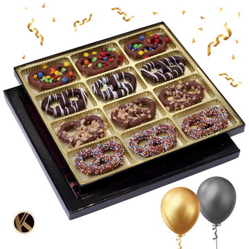 Nut Cravings KREMERY Chocolate Covered Pretzel Twists Gift Basket - 12 Piece Set, Assorted Sweet Toppings, Sectional Gift Box