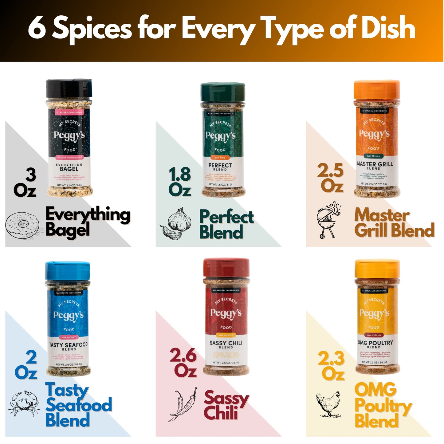 My Secrets Peggys Food Spice It Up Pack Seasoning Jars Set Of 6 - Ultimate Kitchen Seasoning Set For Grilling Roasting Or Baking