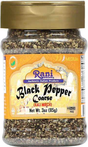 Rani Black Pepper Coarse Ground 28 Mesh (Table Grind) 3oz (85g) PET Jar ~ All Natural | Vegan | Gluten Friendly | NON-GMO | Kosh