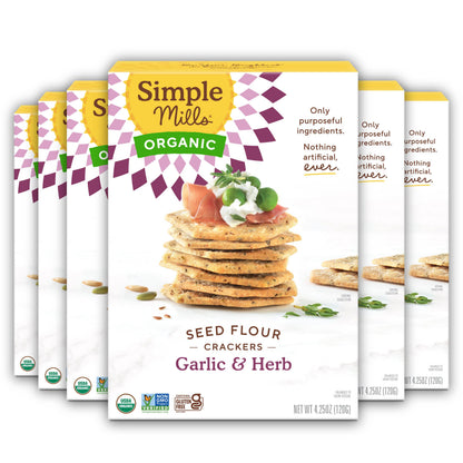 Simple Mills Organic Seed Crackers, Garlic & Herb - Gluten Free, Vegan, Healthy Snacks, Paleo Friendly, 4.25 Ounce (Pack of 6)