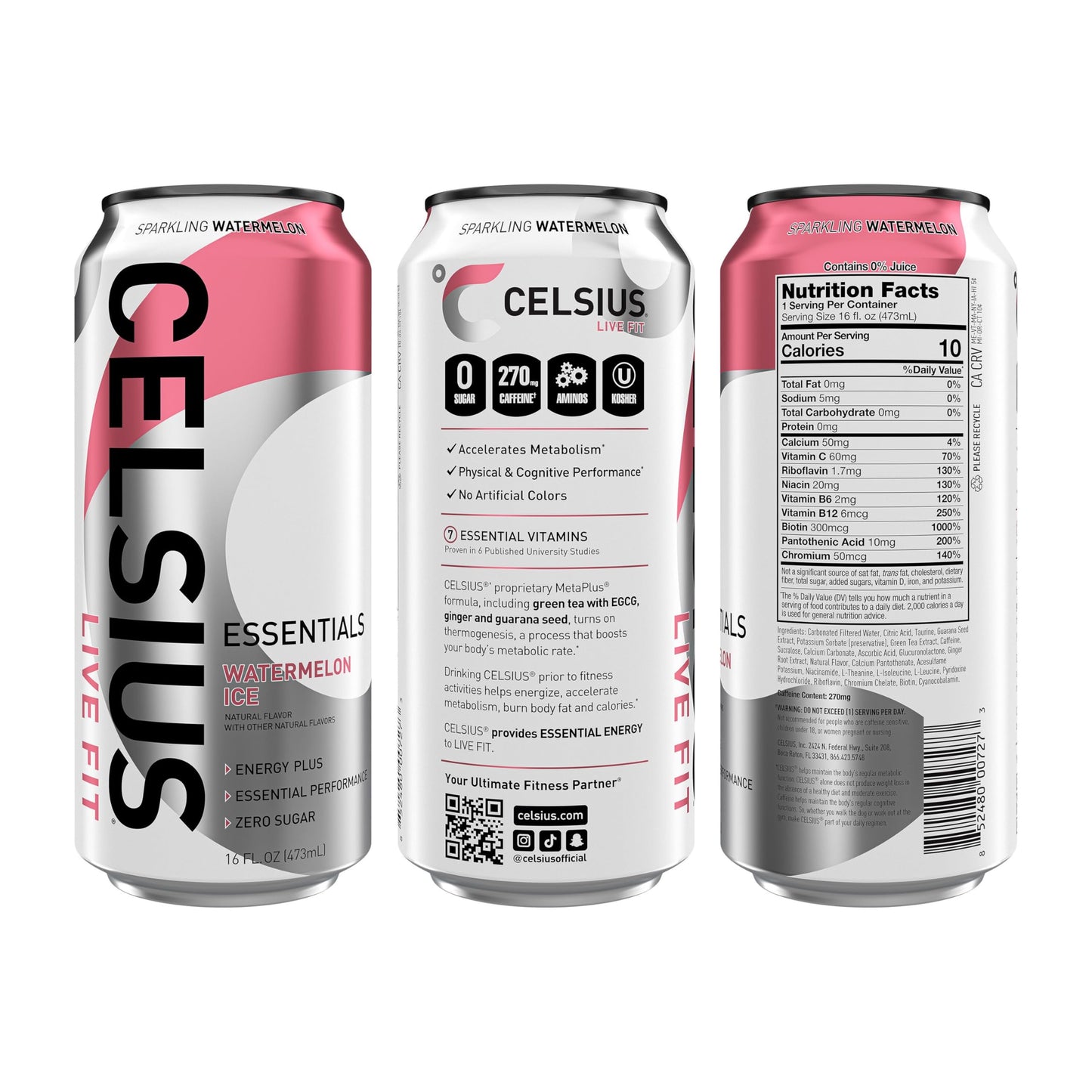 CELSIUS ESSENTIALS Sparkling Watermelon Ice Energy Drink, Sugar Free, 16 Fl Oz (Pack of 12)