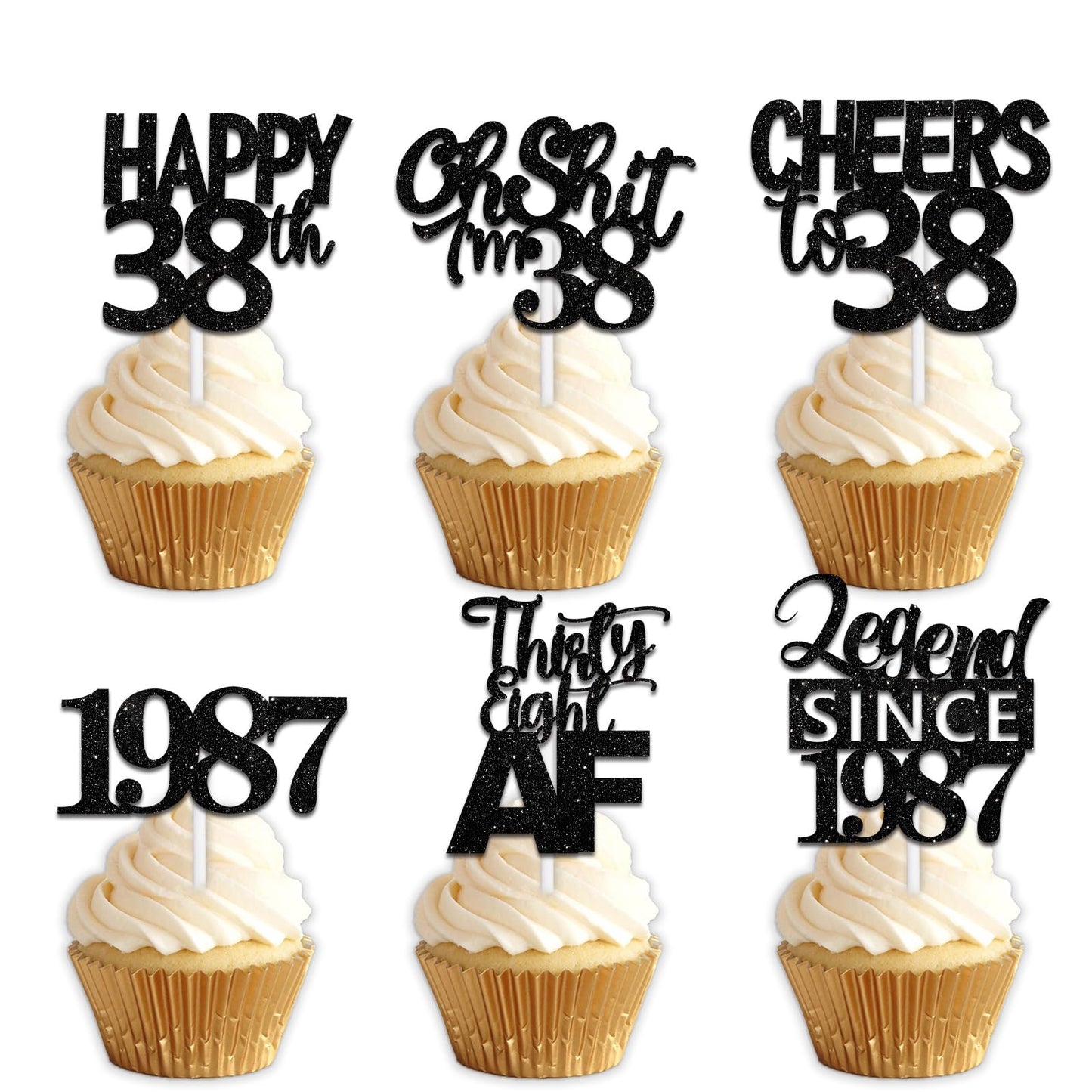 18pcs Black Glitter Happy 38th Dessert Cupcake Topper Pick for Funny Legend Since 1987 Theme Decor Supplies Men Women Happy 38 B