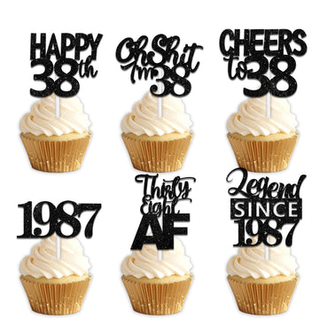 18pcs Black Glitter Happy 38th Dessert Cupcake Topper Pick for Funny Legend Since 1987 Theme Decor Supplies Men Women Happy 38 B