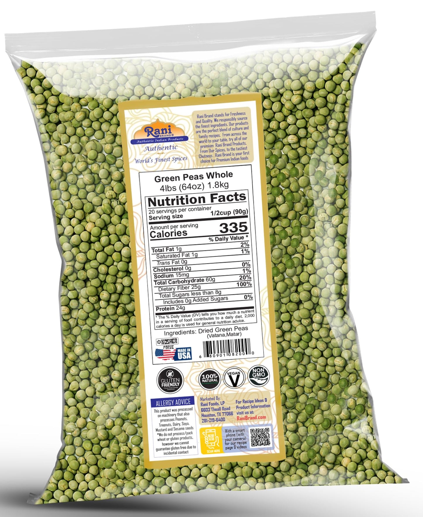 Rani Green Peas Whole, Dried (Marrowfat Peas, Vatana, Matar) 64oz (4lbs) 1.81kg Bulk ~ Used to make Mushy Peas | All Natural | V