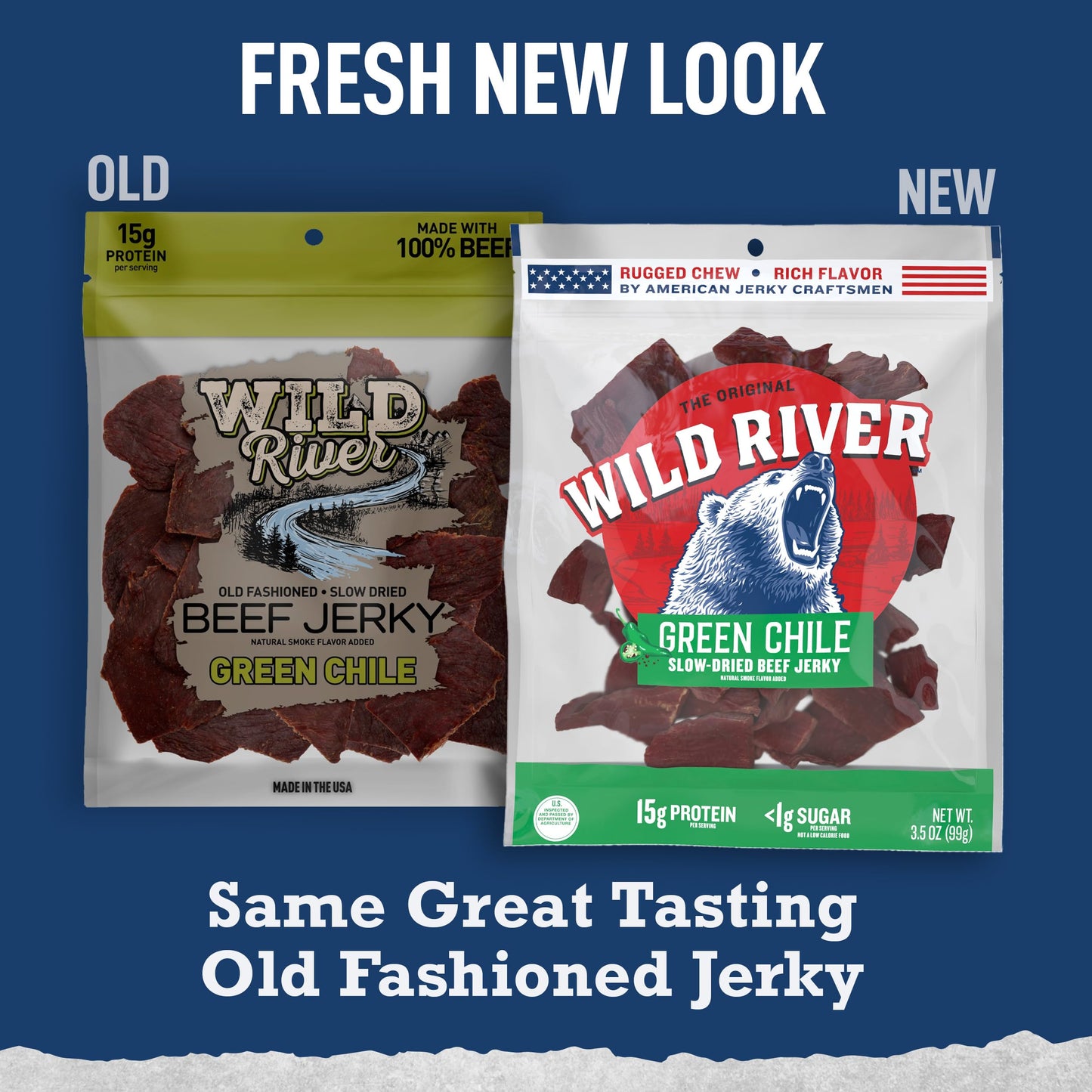 Wild River Beef Jerky Variety Pack, Old Fashioned Beef Jerky, Gluten Free - 2 Green Chile, Black Pepper, Original - Perfect Hunt