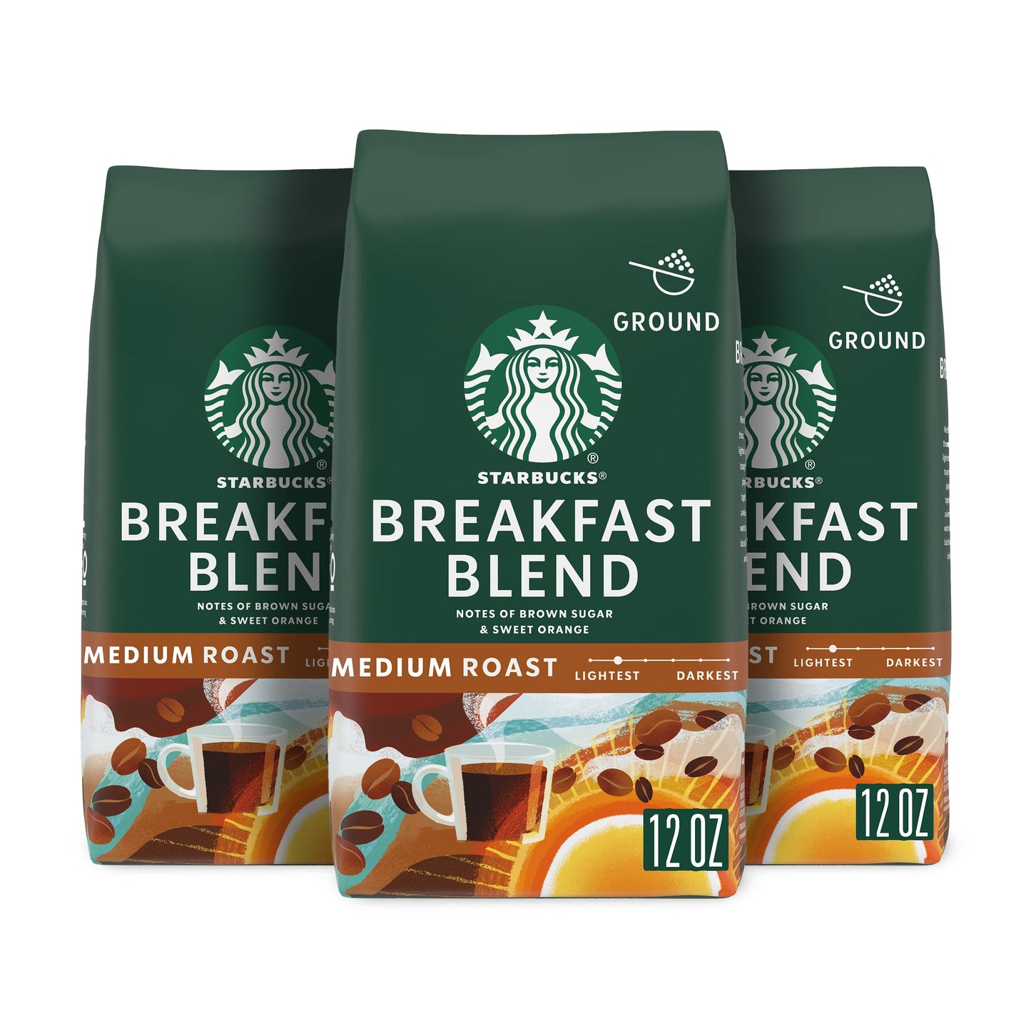 Starbucks Ground Coffee Breakfast Blend, Medium Roast, 100% Arabica, 3 bags of 12 oz each, Coffee