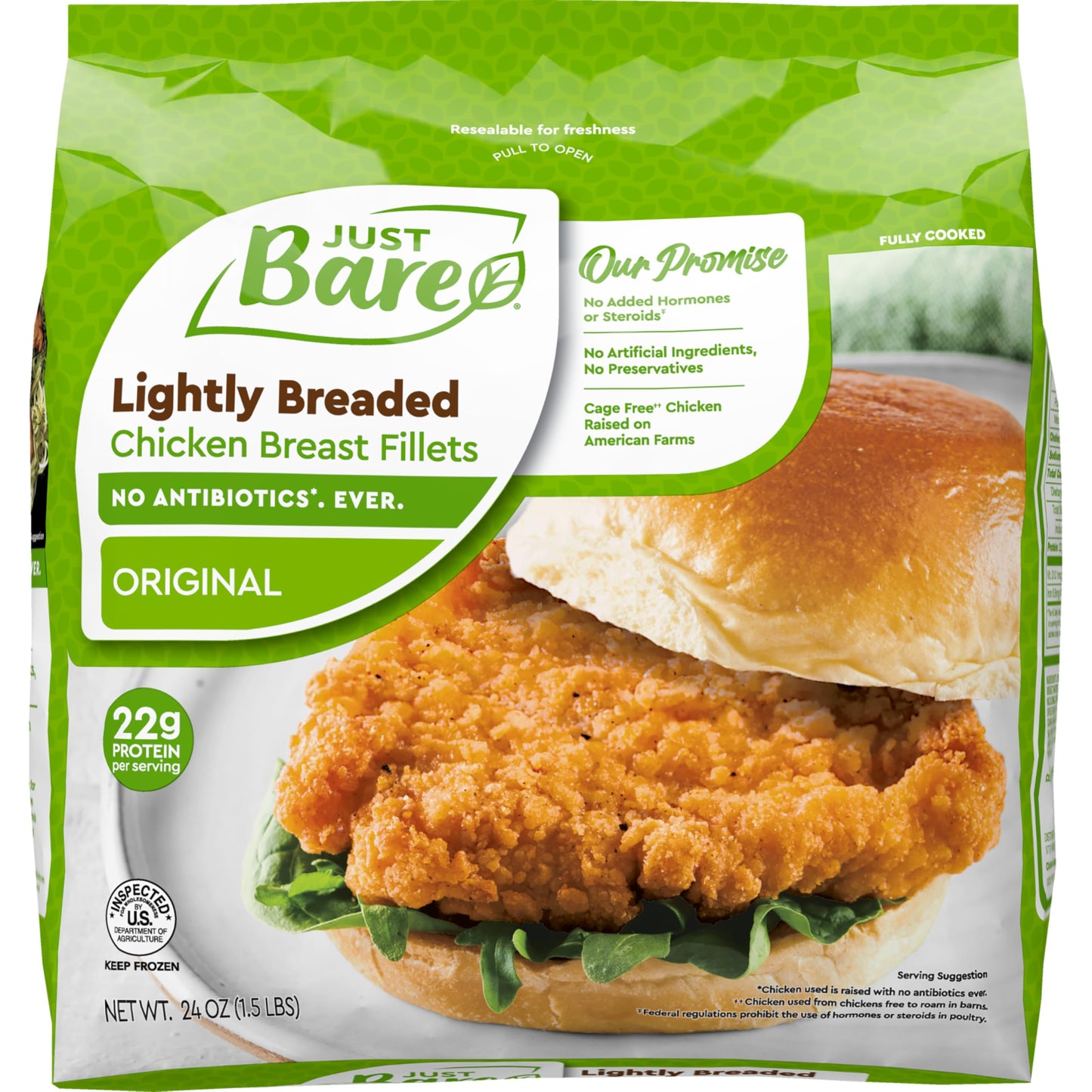 Just Bare Chicken Lightly Breaded Chicken Breast Fillets| Fully Cooked | 16 G Protein | Frozen | 1.5 LB