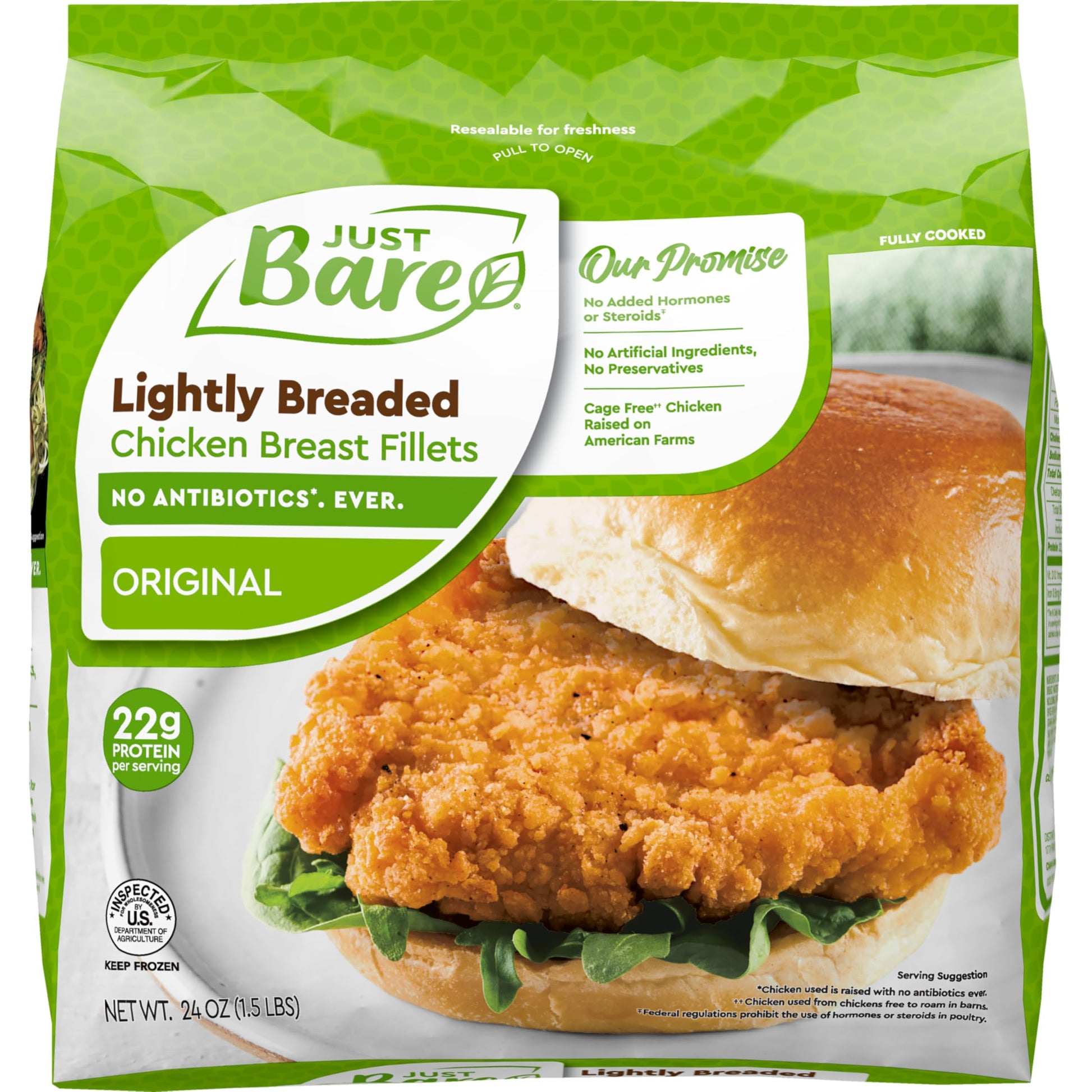 Just Bare Chicken Lightly Breaded Chicken Breast Fillets| Fully Cooked | 16 G Protein | Frozen | 1.5 LB