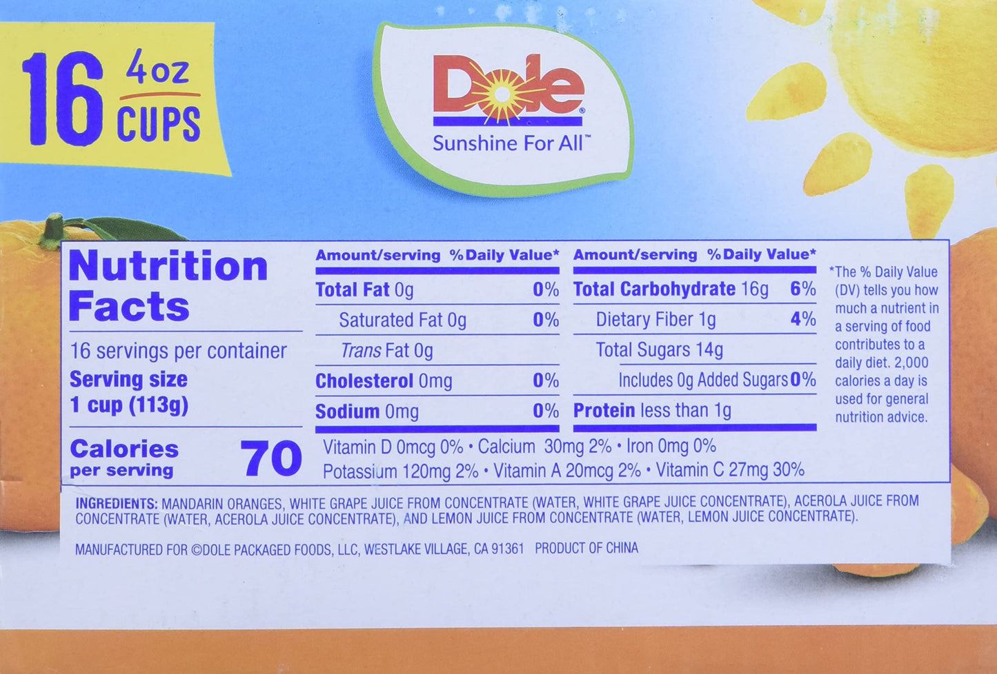 Dole Mandarin Oranges Fruit Cups - 16 Count (Pack of 1)