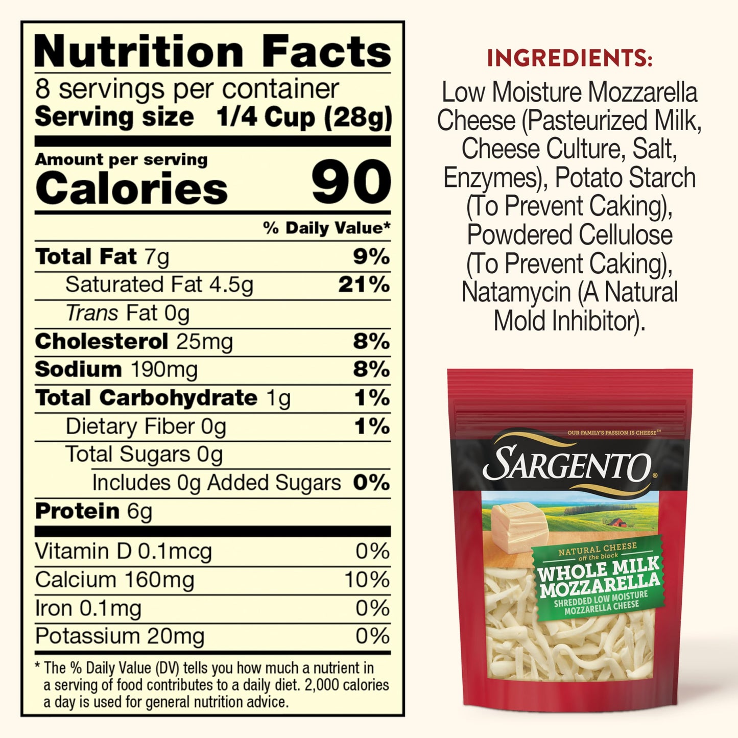 Sargento Natural Whole Milk Mozzarella Shredded Cheese, Traditional Cut, 8 oz