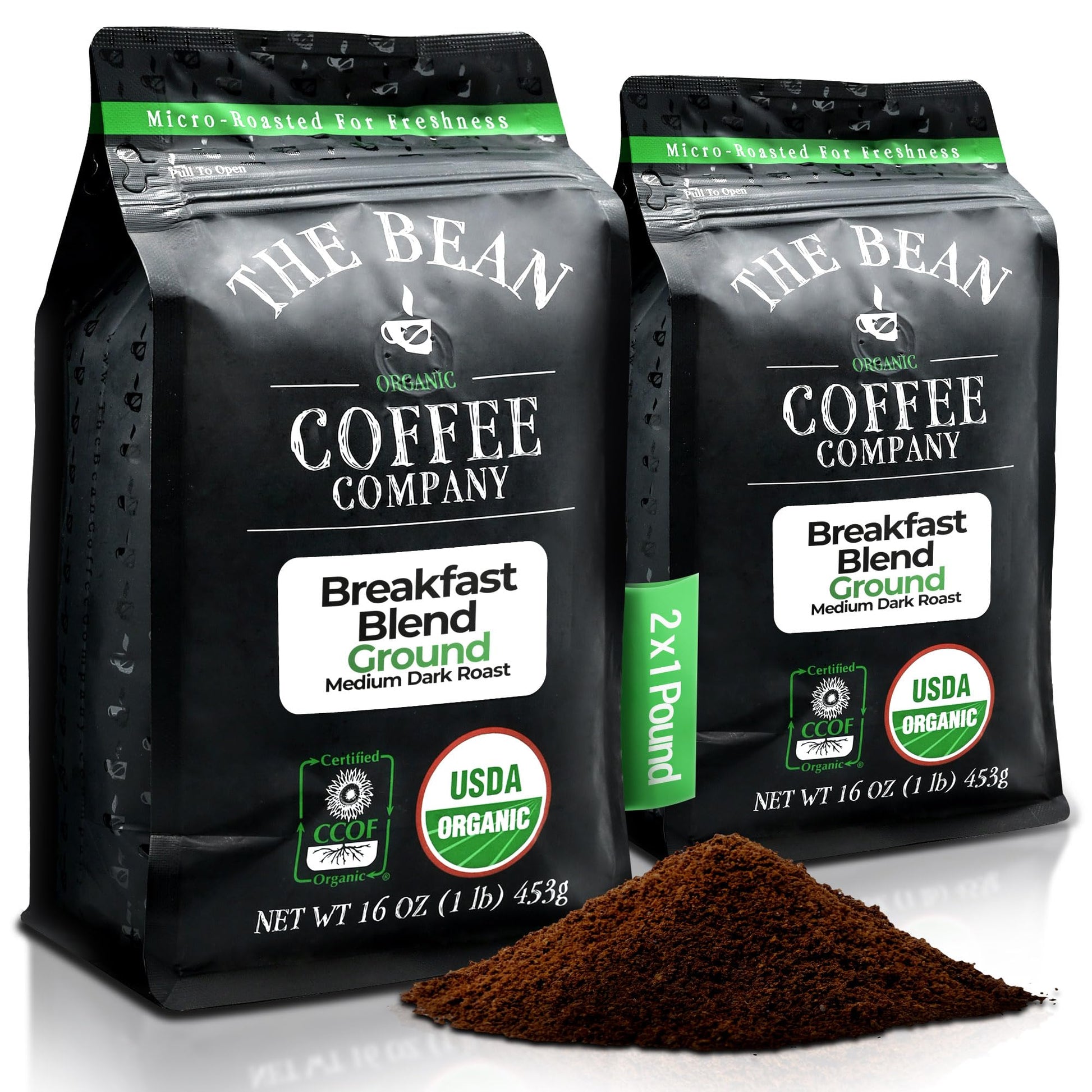 The Bean Organic Coffee Company Breakfast Blend, Medium Dark Roast, Ground Coffee, 16-Ounce Bags (Pack of 2),Caf   molido tostad