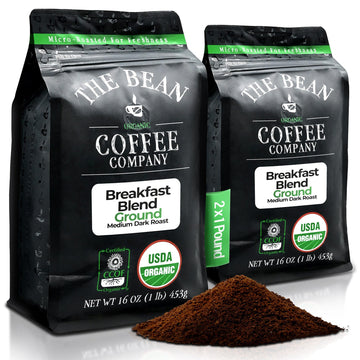The Bean Organic Coffee Company Breakfast Blend, Medium Dark Roast, Ground Coffee, 16-Ounce Bags (Pack of 2),Caf   molido tostad