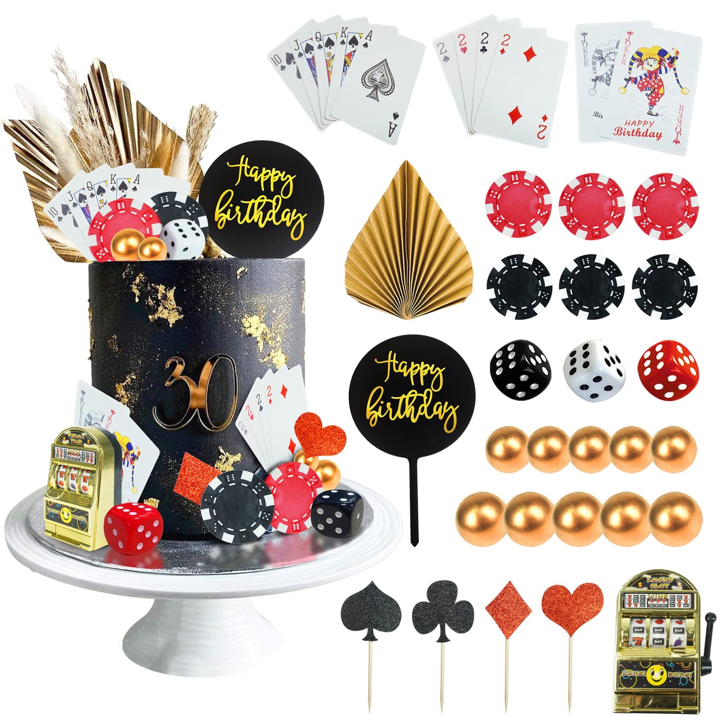 DRWATE Casino Cake Toppers - 30 PCS Gold Poker Chips & Mini Slot Machine - 1.9 x 1.1 for Birthday Party Decorations