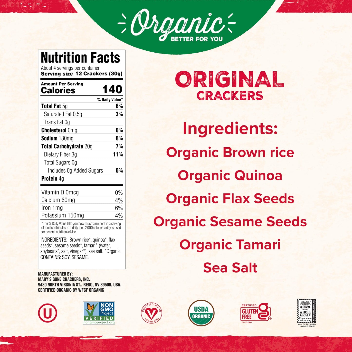 Marys Gone Crackers Organic Original Crackers - Gluten-Free, NON-GMO, Vegan & Whole Grain, 4 Ounce (Pack of 1)