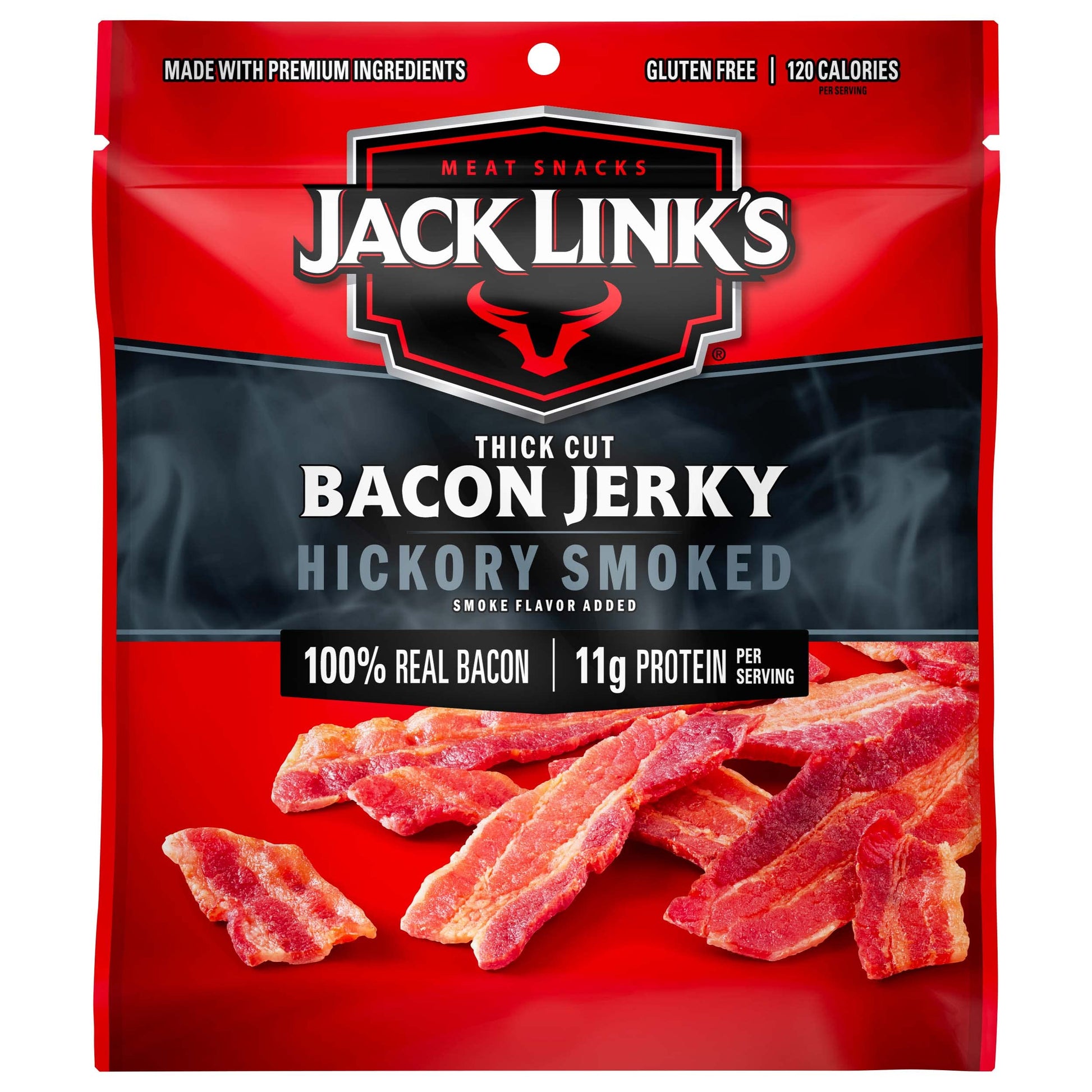 Jack Links Bacon Jerky, Hickory Smoked - Flavorful Ready to Eat Meat Snack with 11g of Protein per Serving, Made with 100% Thick Cut Real Bacon, Protein Snack, Keto Friendly, 2.5 oz.