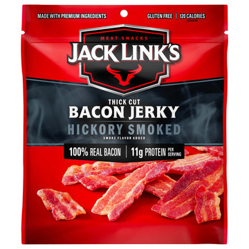 Jack Links Bacon Jerky, Hickory Smoked - Flavorful Ready to Eat Meat Snack with 11g of Protein per Serving, Made with 100% Thick Cut Real Bacon, Protein Snack, Keto Friendly, 2.5 oz.