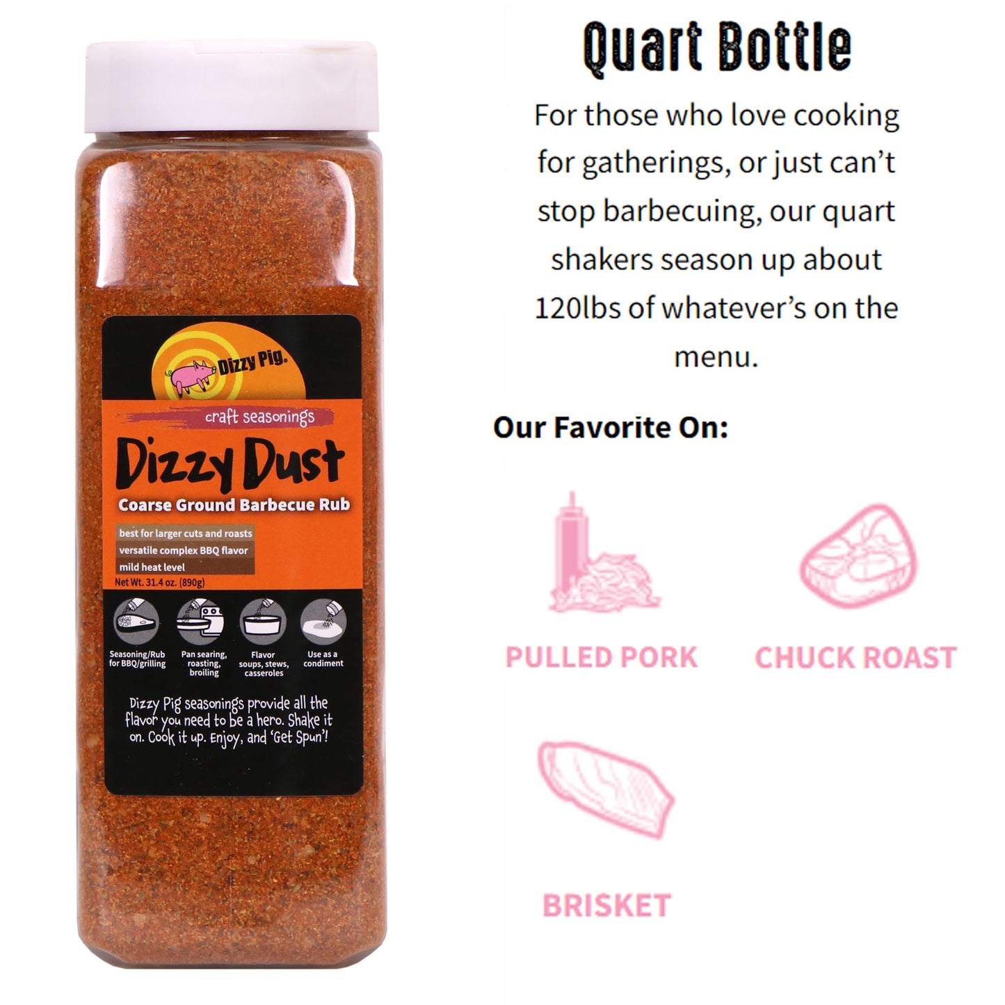 Dizzy Pig Coarse Grind Dizzy Dust All-Purpose Barbecue Seasoning Rub (Quart Shaker) - Seasons Around 120Lbs Of Food - Hand Made