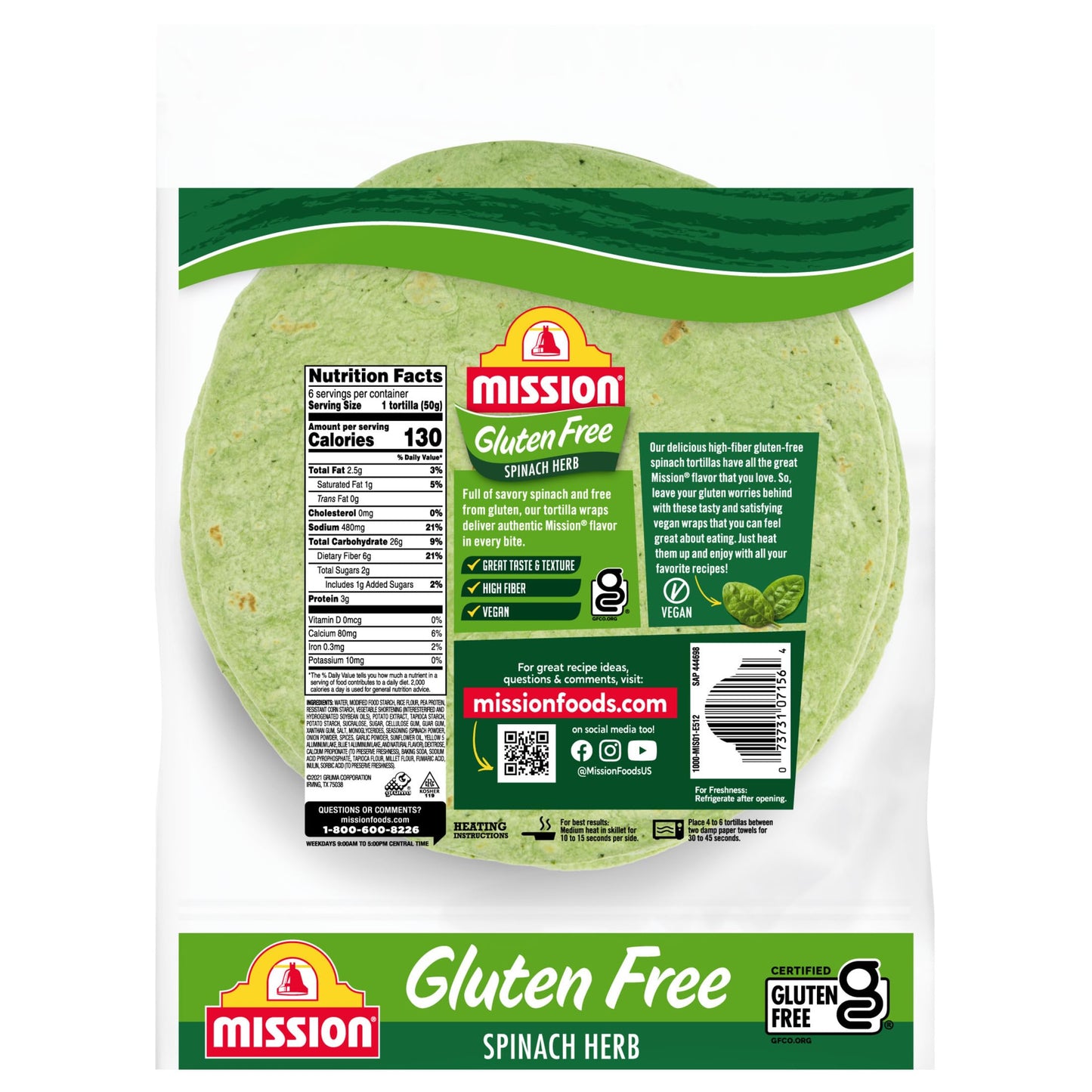 Mission Gluten Free Spinach Herb Tortilla Wraps, 6 Count, Trans Fat Free