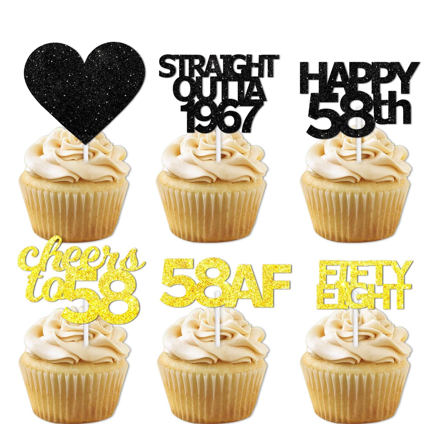 18pcs Black Gold Glitter Dessert Cupcake Pick for Straight Outta 1967 Cheer to 58 Years Old Theme Decor Supplies Happy 58th Birt