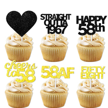 18pcs Black Gold Glitter Dessert Cupcake Pick for Straight Outta 1967 Cheer to 58 Years Old Theme Decor Supplies Happy 58th Birt