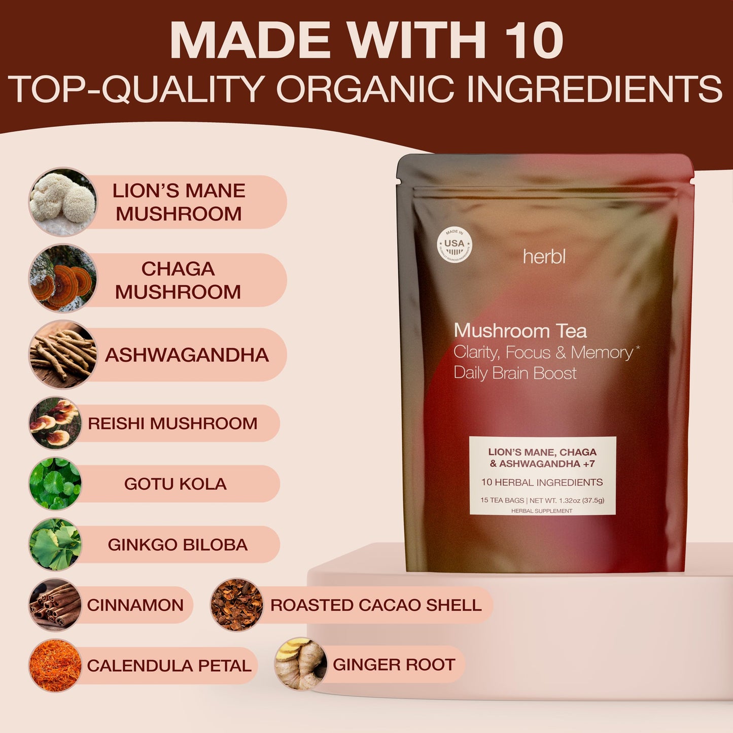 Organic Mushroom Tea with Ashwagandha, Lions Mane & Chaga for Focus, Memory & Mental Clarity - Brain Boost Tea with Ginkgo Bilob